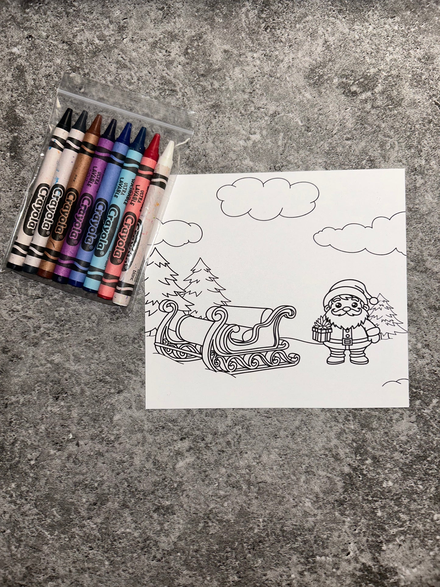 Santa And His Sled Coloring Card With Crayons