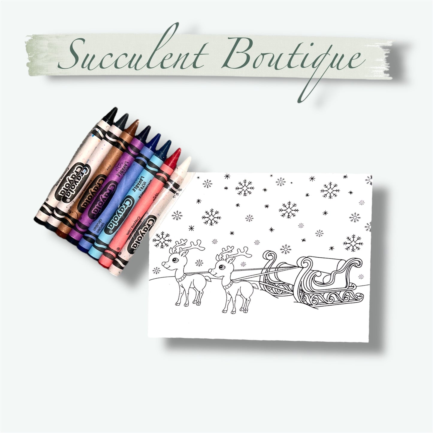 Reindeer Pulled Sled Coloring Card With Crayons