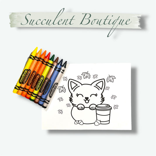 Fall Catpuccino Coloring Card With Crayons