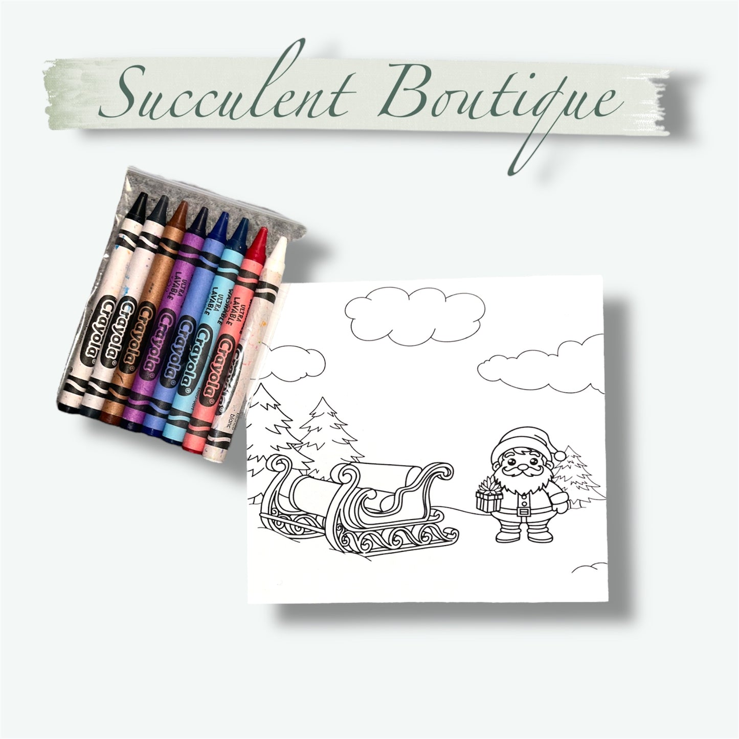 Santa And His Sled Coloring Card With Crayons